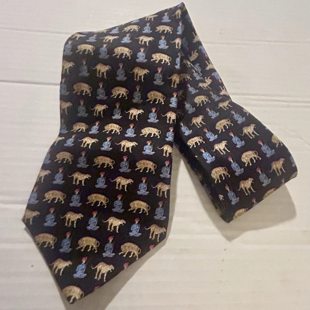 Leonard Paris 100% Silk Tie Black Gold Blue Tigers Indian Man Necktie Italy